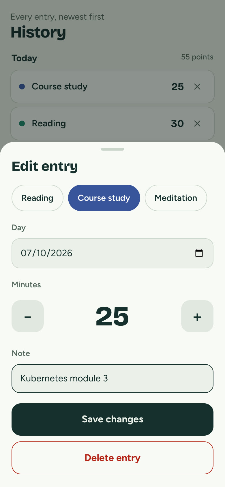 Editing an entry: practice, day, minutes and note, with Save changes and Delete entry